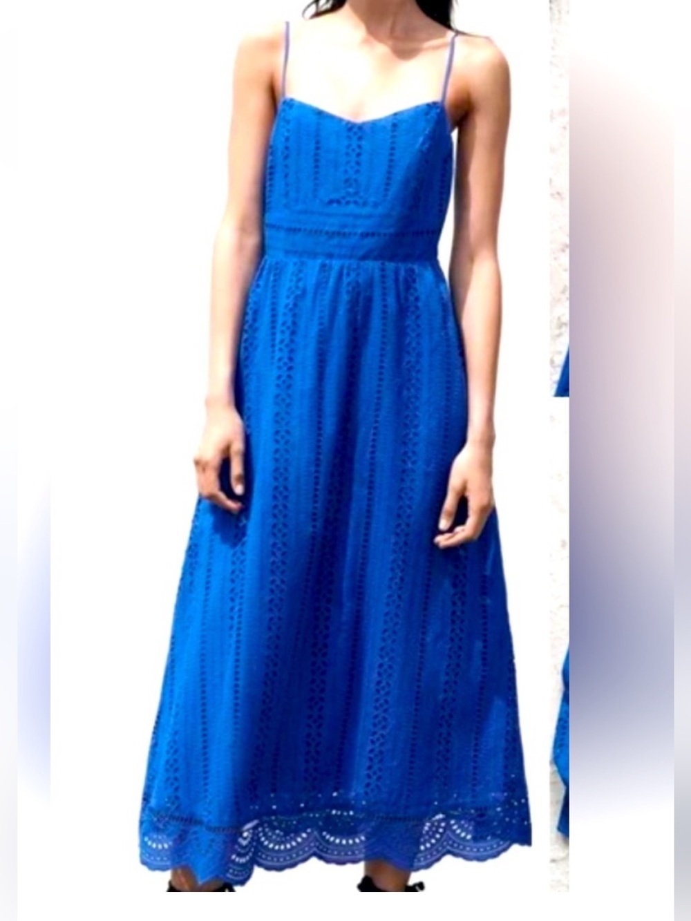 Zara Eyelet Cotton Spaghetti Strap Royal Blue Maxi Dress Large